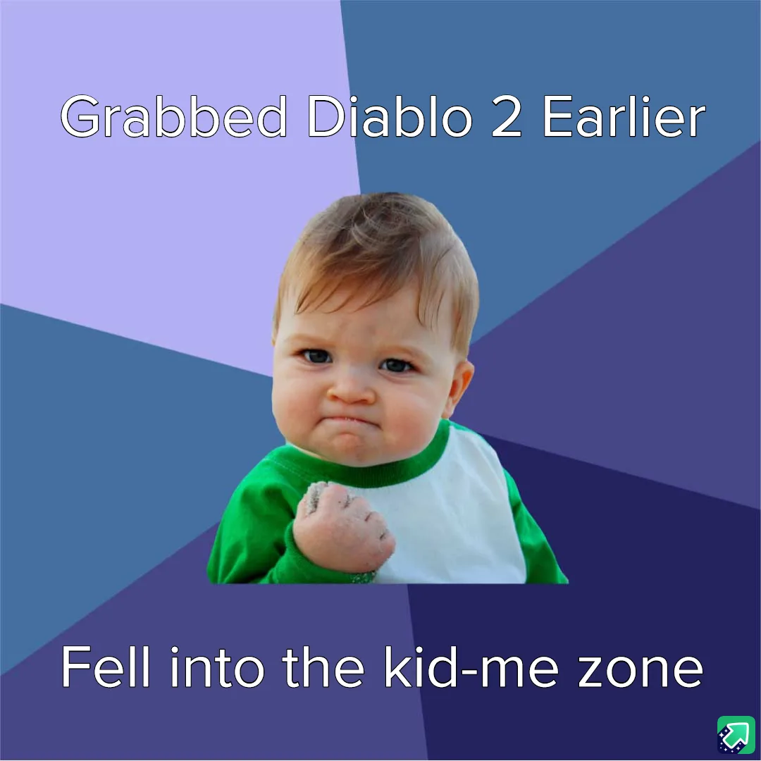 A baby with a pouty, defiant expression wearing a green and white shirt, set against a geometric purple and blue background…