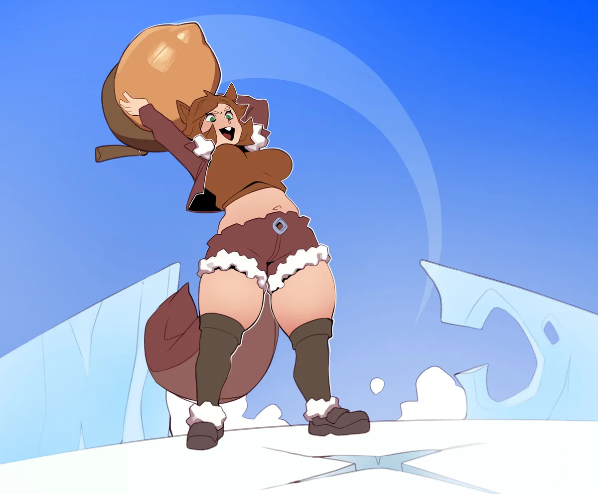 An anime-style female character with brown fur, cat ears, and a bushy tail stands on a snowy surface with ice formations…