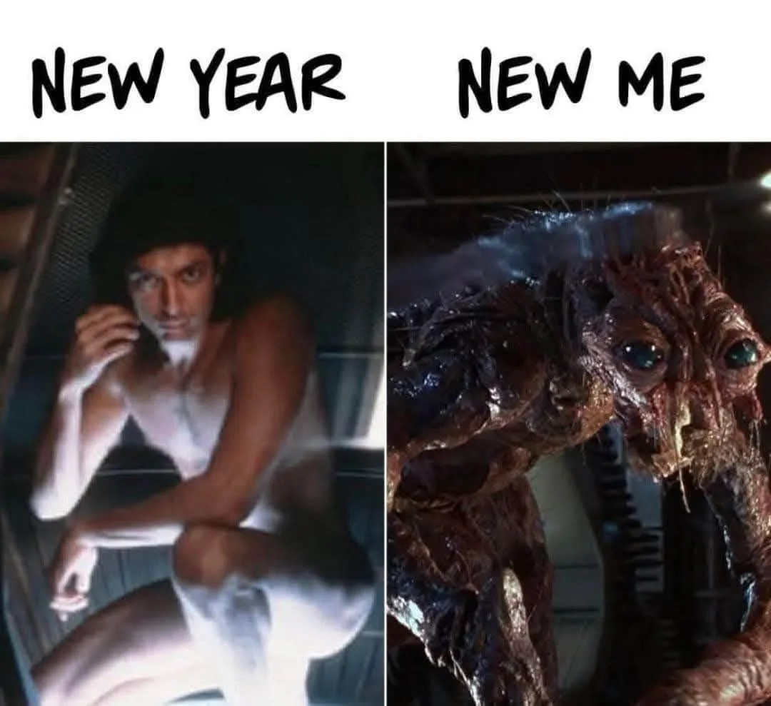 The image is split into two panels. The left panel shows a shirtless man with a serious expression, labeled 'NEW YEAR'. The…