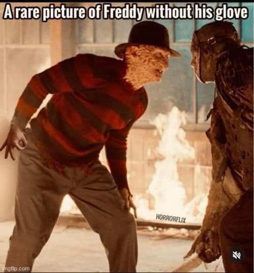 The image shows two horror movie characters, Freddy Krueger in his iconic striped shirt and hat, facing off against another…