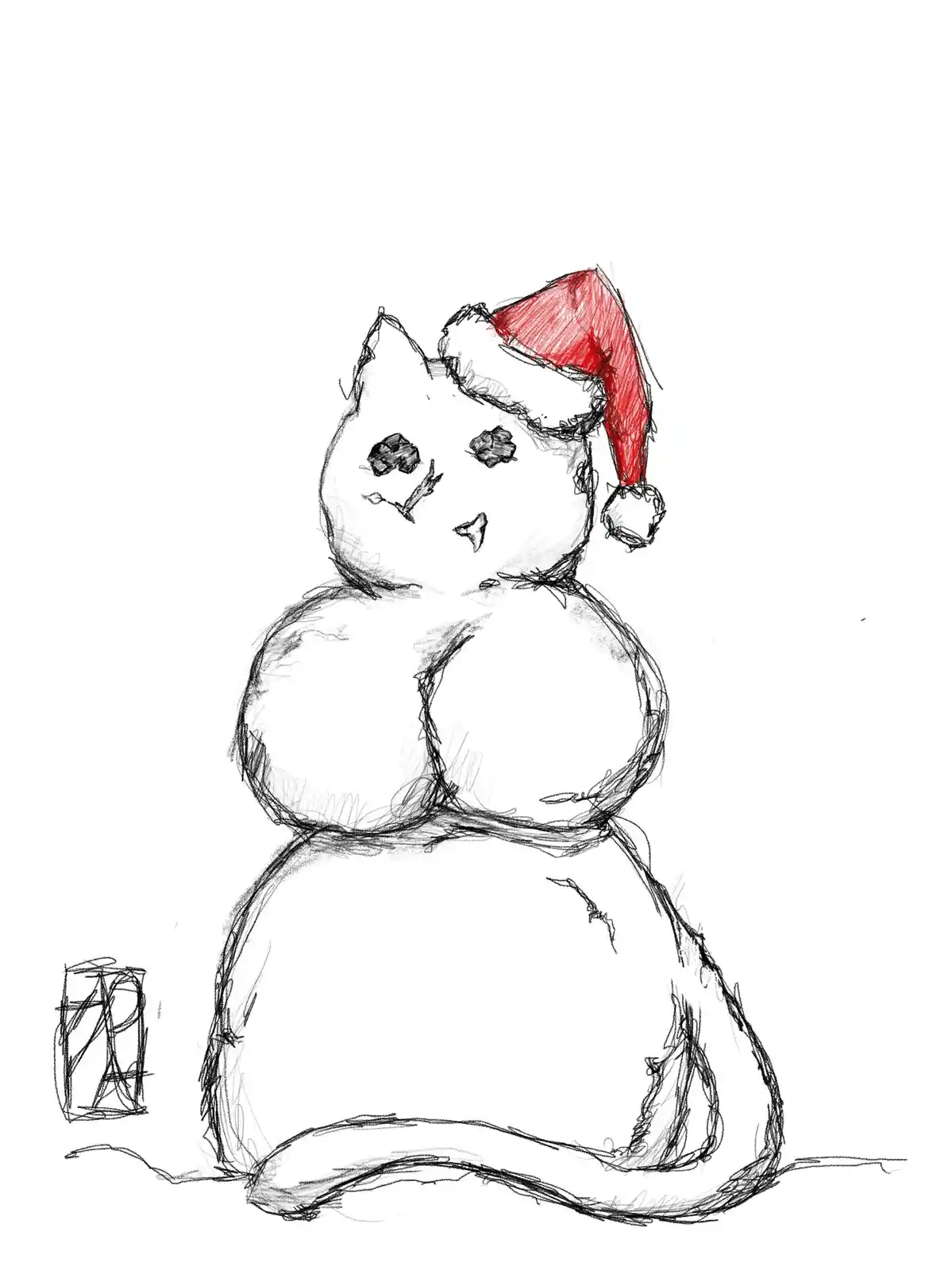 A simple sketch shows a snowman with cat-like features, including pointed ears and a cat-like face, wearing a red Santa hat…
