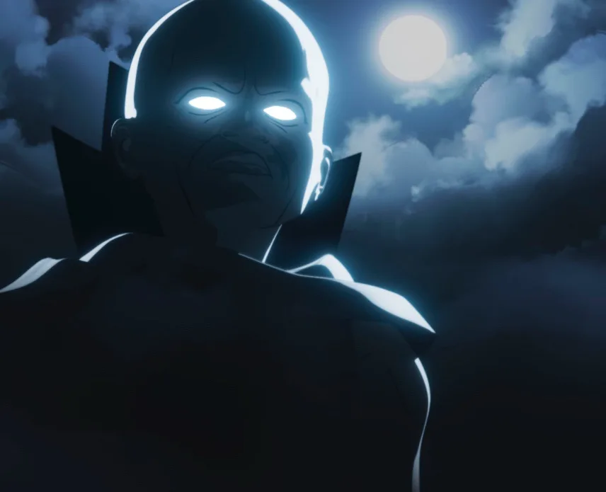 A dark, stylized animated character with glowing white eyes and a stern expression stands against a night sky with a full…