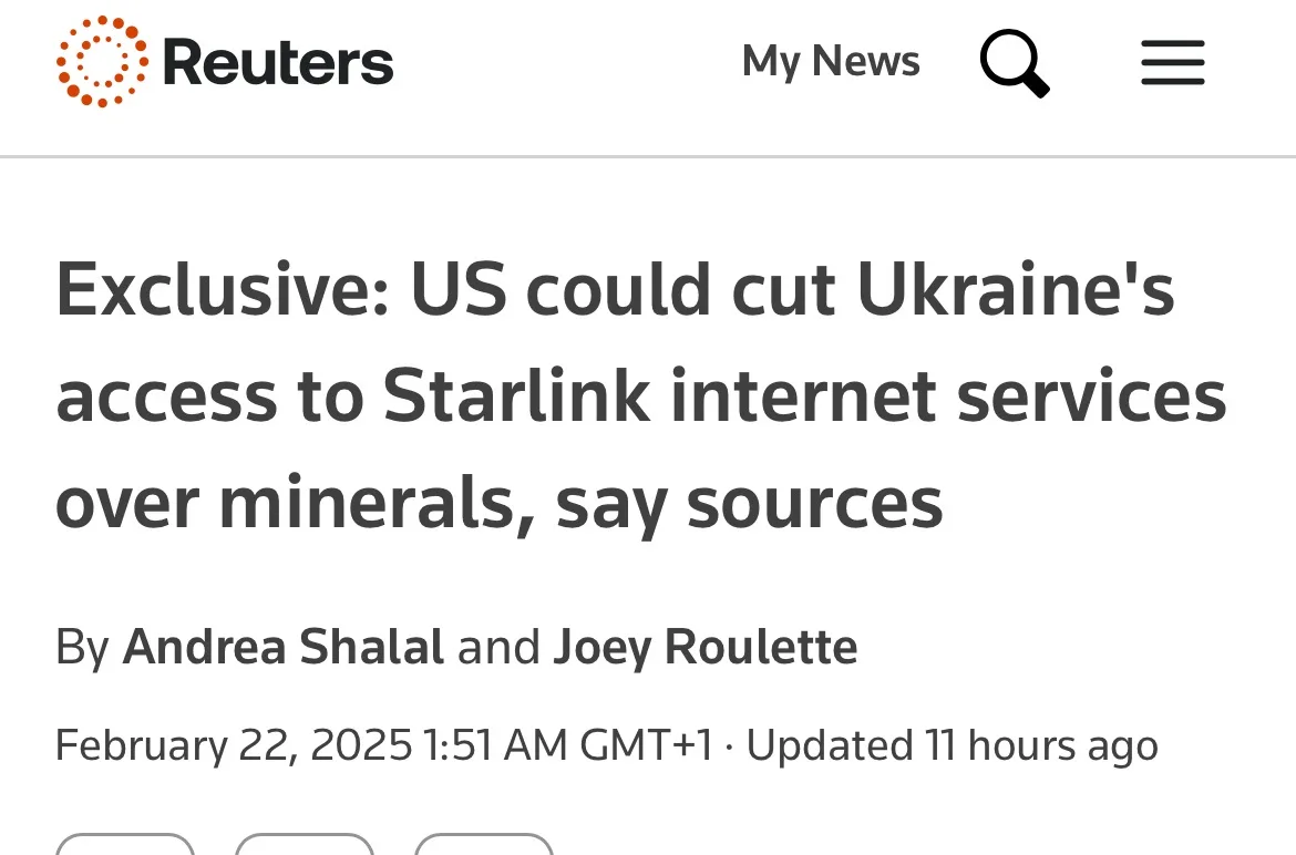 A screenshot of a Reuters news article headline stating 'Exclusive: US could cut Ukraine's access to Starlink internet…