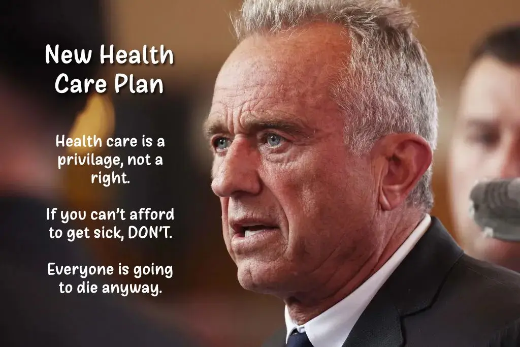 A close-up photo of a man in a suit with overlaid white text that reads 'New Health Care Plan', followed by three lines…