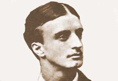 A sepia-toned historical portrait of a young man with slicked-back hair and a serious expression, looking to the right…