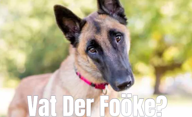 A close-up photo of a Belgian Malinois dog with a serious, slightly confused expression, wearing a pink collar, set against…