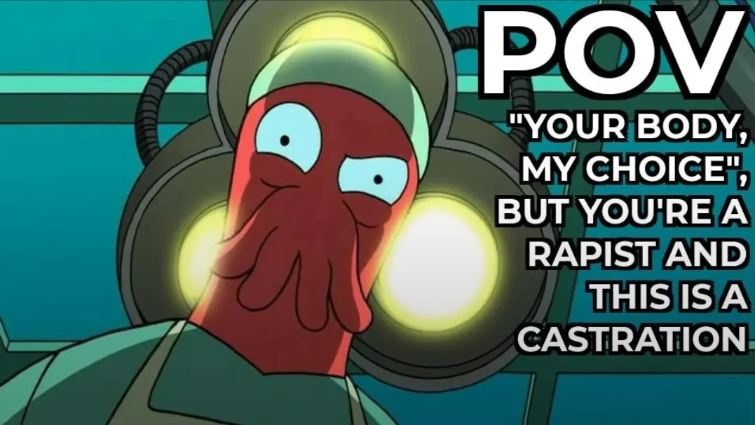 A red-skinned, squid-like cartoon character wearing a surgical cap and gown stands under bright surgical lights, looking…