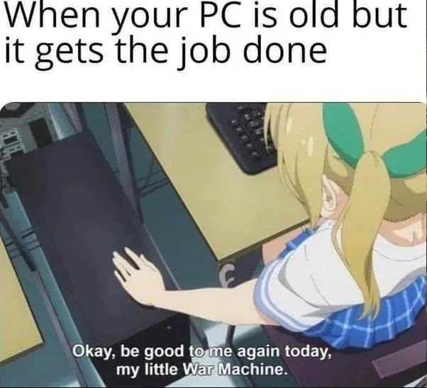 An anime girl with blonde hair and a green headband is shown from behind, gently patting a black computer tower on a desk. A…