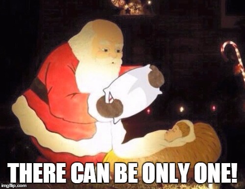 A cartoon Santa Claus, wearing his traditional red suit with white trim and black belt, is shown holding a white pillow with…