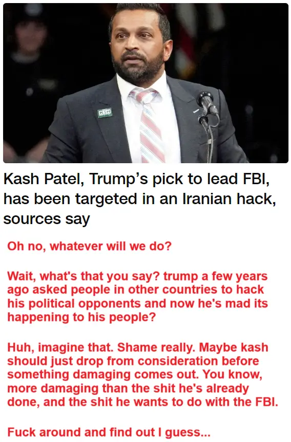A photo of Kash Patel, a man in a suit and tie with a name tag, standing at a podium with a microphone. Overlaid text in red…