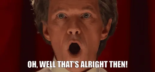 The image displays six panels of actor Bill Nighy with progressively more exaggerated facial expressions, all set against a…