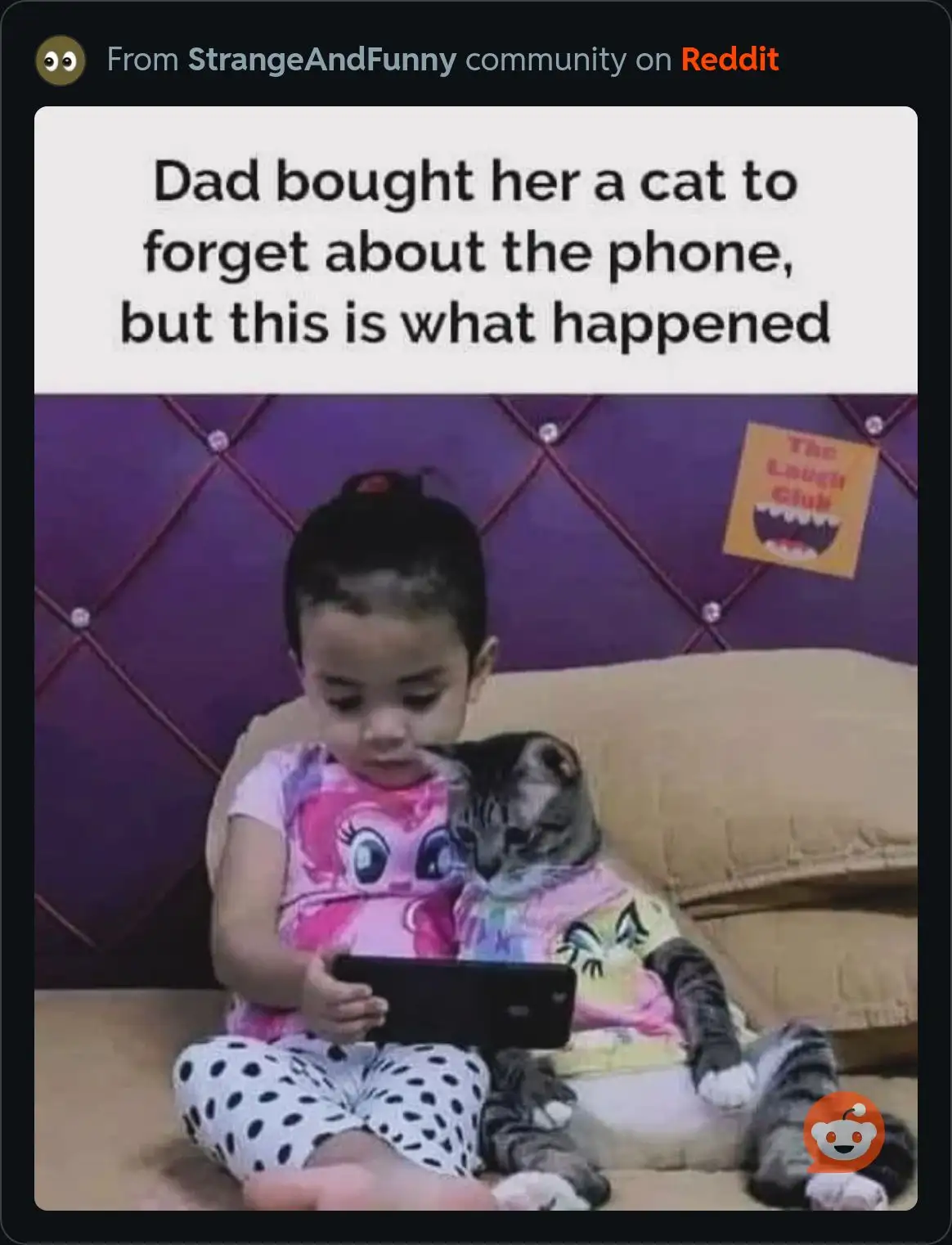 A young girl sits on a couch holding a phone, completely absorbed in it, while a tabby cat is curled up right next to her…