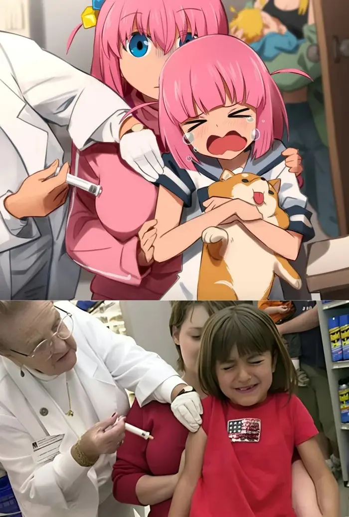 The image is a two-panel meme. The top panel shows an anime girl with pink hair crying while being held by a friend as a…