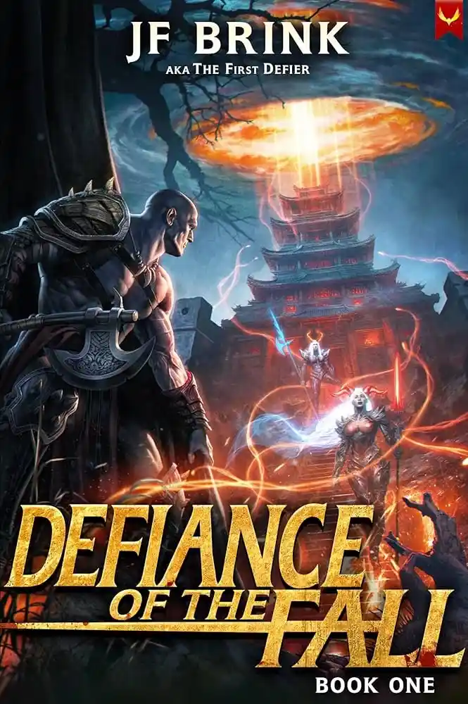 A fantasy book cover shows a muscular, armored warrior holding an axe, facing two magical figures on a tower under a…