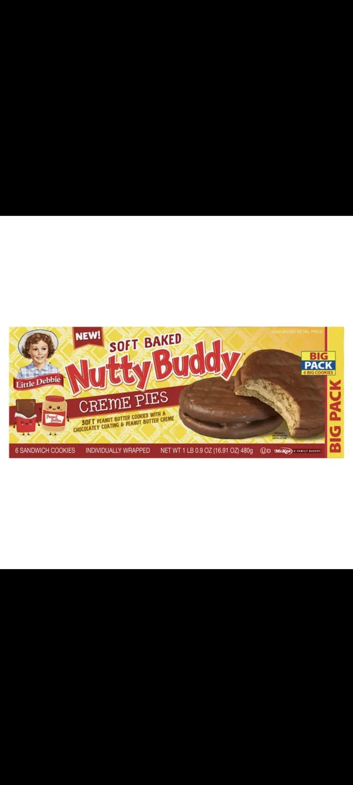 A product box for Little Debbie's 'Soft Baked Nutty Buddy Creme Pies' shows a chocolate-coated peanut butter sandwich cookie…