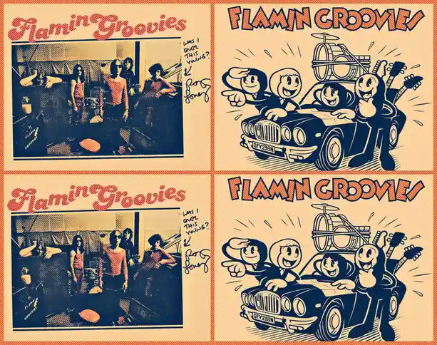 This image is a four-panel collage featuring two identical vintage photos of the band Flamin Groovies and two identical…