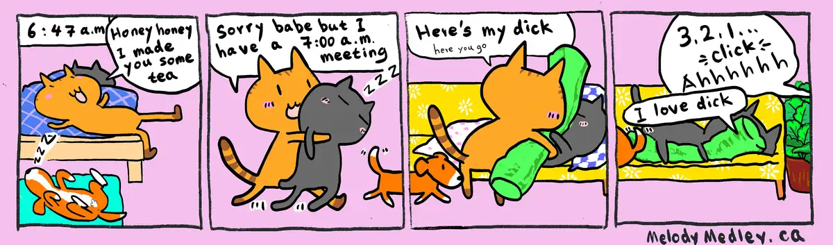 A four-panel comic strip featuring cartoon cats and a dog. In the first panel, an orange cat wakes up at 6:47 a.m. to tell…