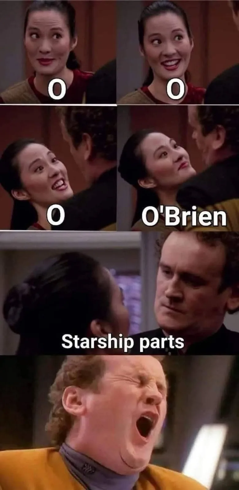 A six-panel meme from Star Trek: Deep Space Nine showing a woman's escalating expressions of surprise and then a man's…