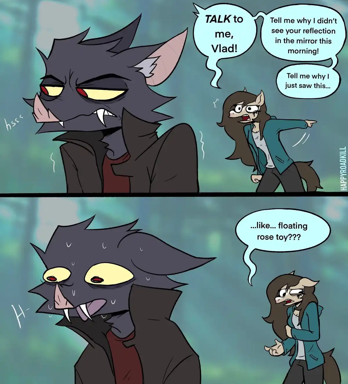 A two-panel comic shows a female werewolf angrily confronting a male werewolf named Vlad, demanding explanations for her…