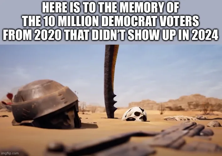 A desert scene with a fallen knight's helmet, a skull, and a sword stuck in the sand. Overlaid text reads: 'HERE IS TO THE…