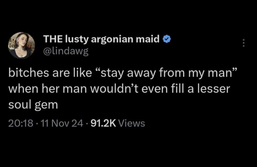 A screenshot of a Twitter post by user 'THE lusty argonian maid' (@lindawg) with a black background. The post's text reads…