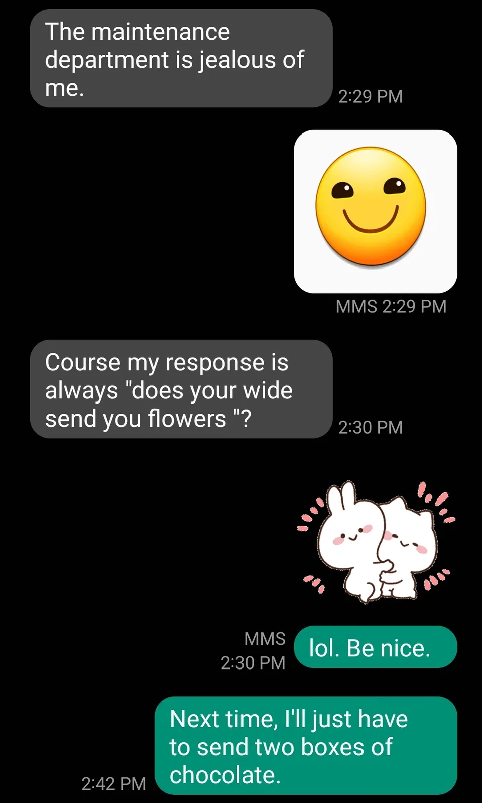 A screenshot of a text conversation where one person claims the maintenance department is jealous of them, and their…