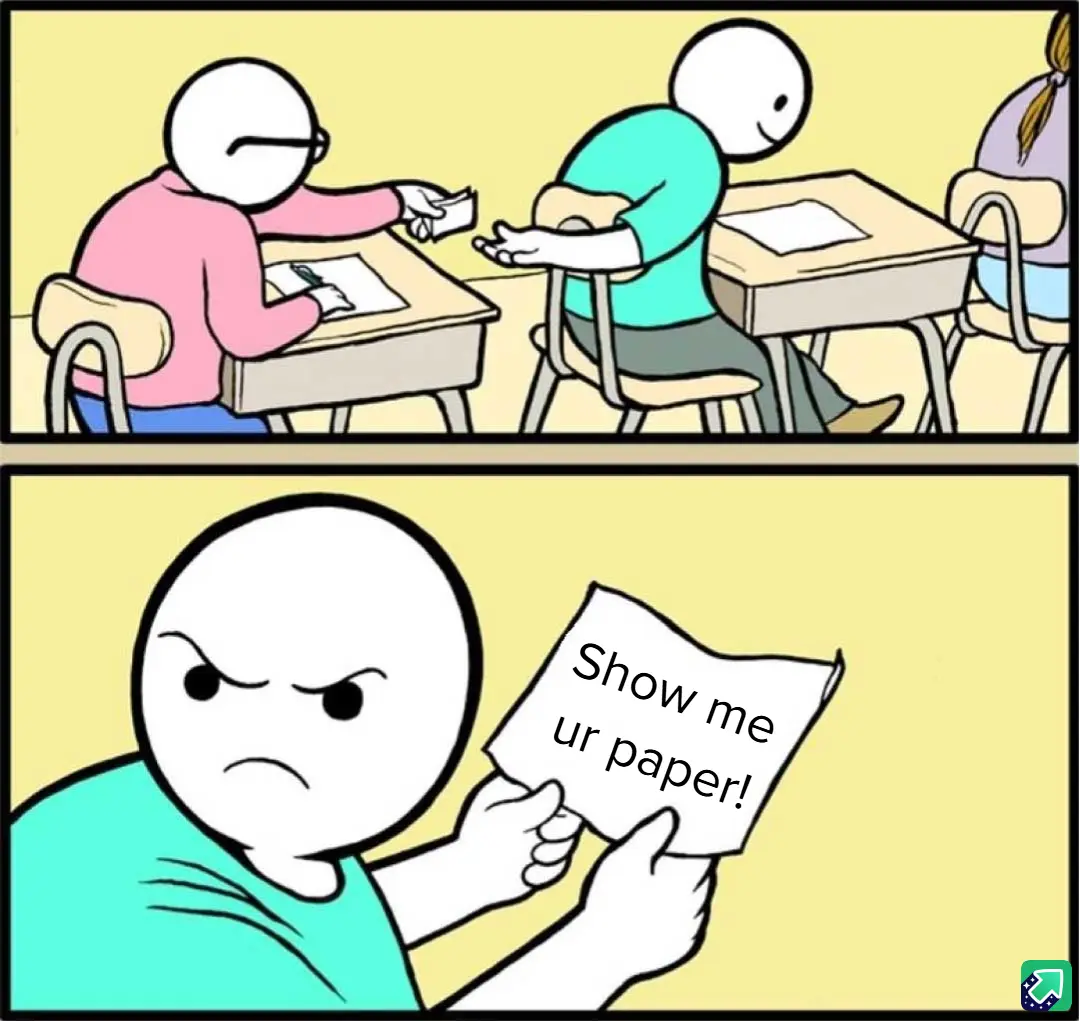 Two-panel cartoon showing students in a classroom. In the top panel, a student in pink hands a folded paper to a student in…