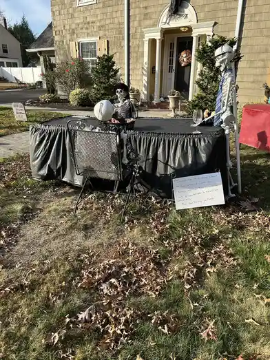 Two skeleton figures are seated at a black-clothed outdoor table in a yard with fallen leaves, one wearing a top hat and the…
