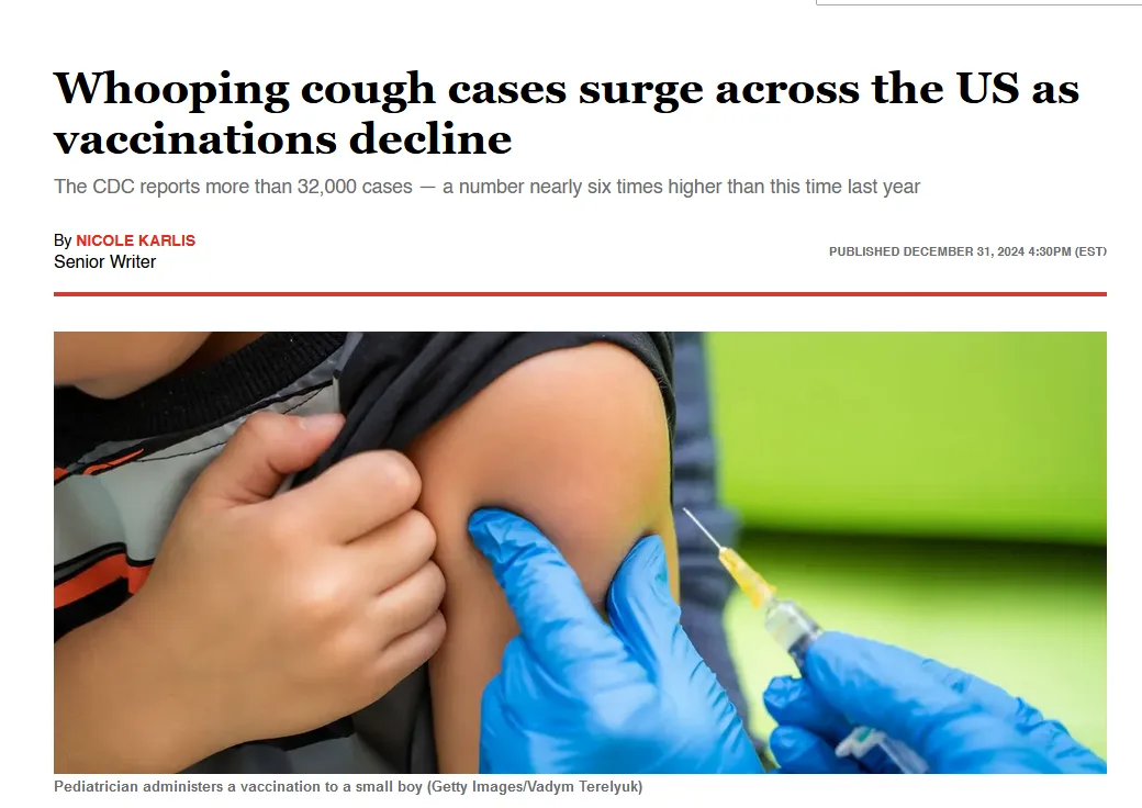 A news article screenshot shows a pediatrician in blue gloves administering a vaccine to a small child's upper arm. The…