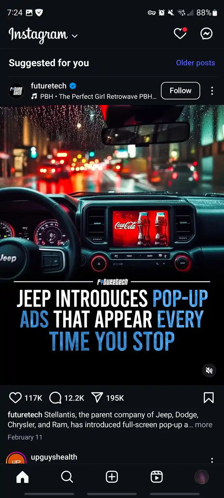 An Instagram post screenshot showing a car's dashboard with a Coca-Cola advertisement displayed on the infotainment screen…
