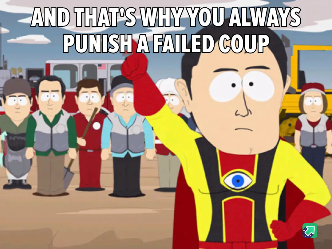 A South Park character in a red and yellow superhero costume with a blue eye emblem on his chest raises his red-gloved fist…