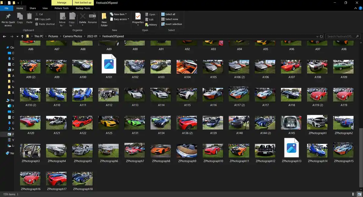 A Windows File Explorer window displays a folder named 'FestivalsOfSpeed' containing 159 image thumbnails, mostly of various…