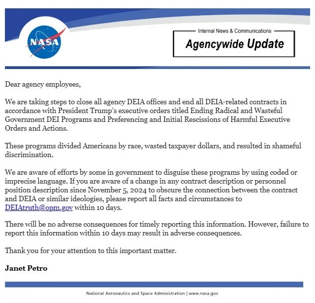 The image is a satirical fake NASA internal memo titled 'Agencywide Update' from 'Janet Petro,' instructing employees to…