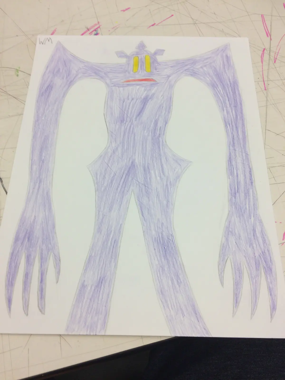 A child's crayon drawing on white paper depicts a tall, slender purple creature with long, thin arms ending in clawed hands…