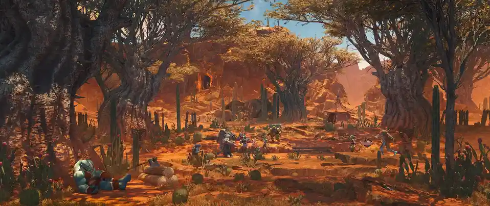 A fantasy desert scene with large trees, cacti, and rocky terrain, featuring several fantasy characters. One large…