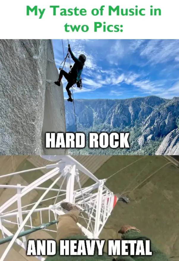 The image is split into two photos. The top shows a climber ascending a steep rock face with a vast mountain valley below…
