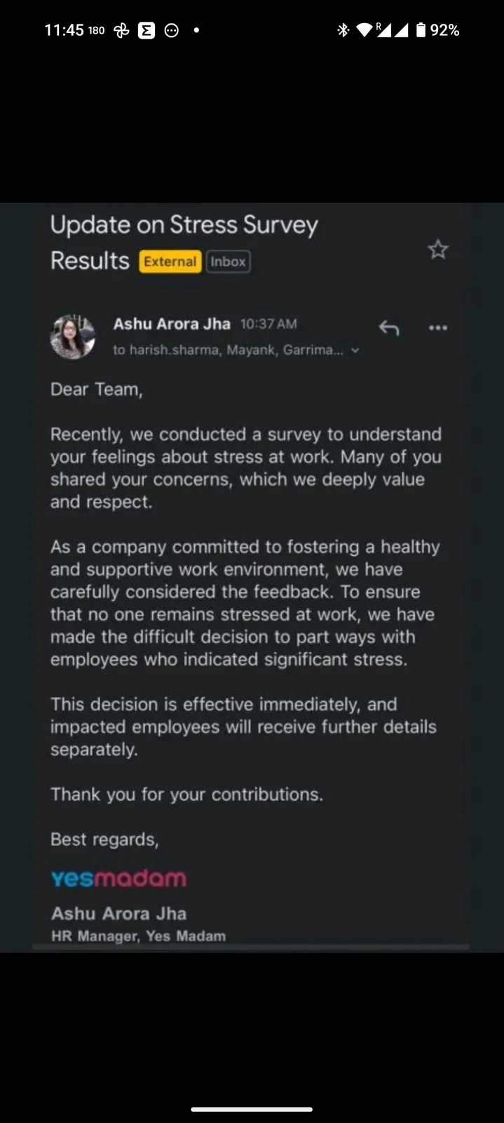 A screenshot of an email from HR Manager Ashu Arora Jha to employees, announcing that the company will terminate employees…
