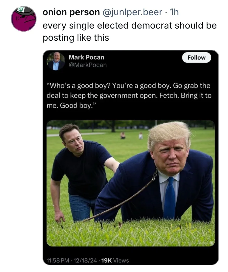 A screenshot of a tweet by Mark Pocan shows a photo of Elon Musk holding a leash attached to Donald Trump, who is on his…