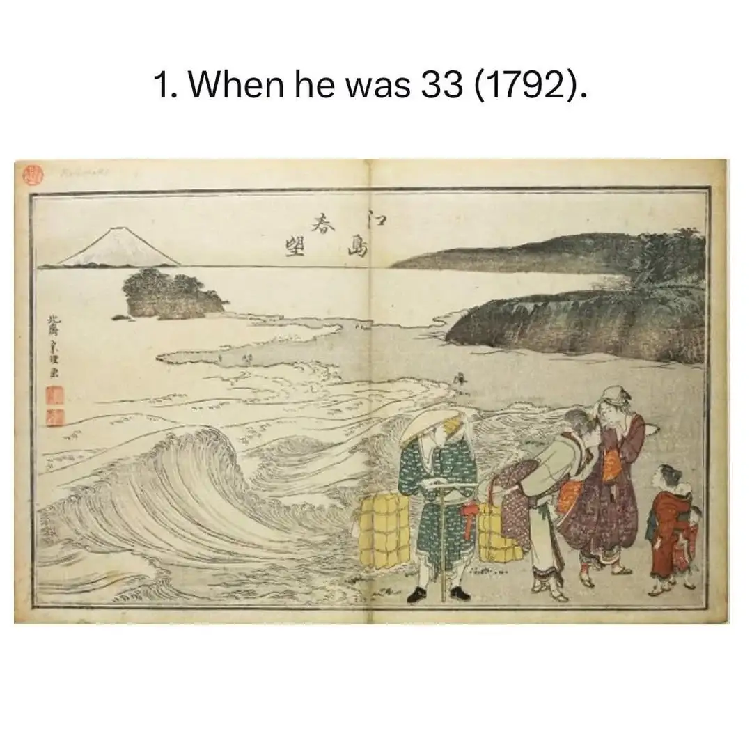 A traditional Japanese woodblock print depicts several people standing on a beach near large waves, with Mount Fuji visible…