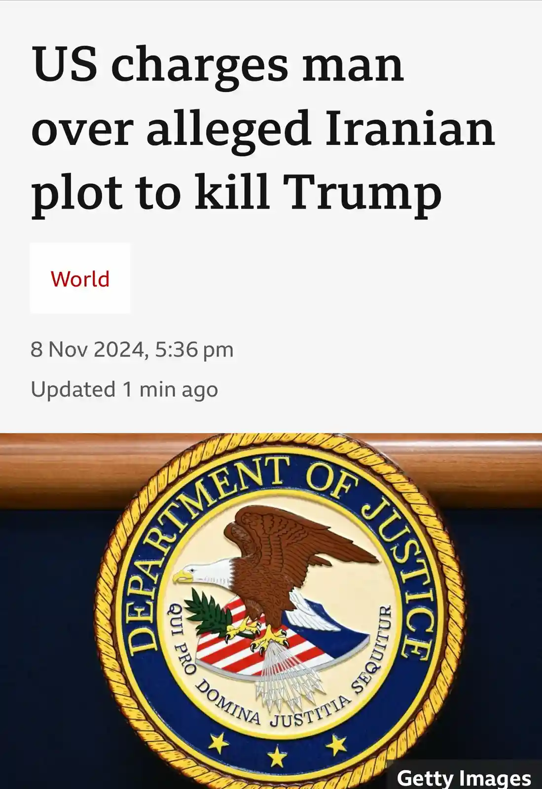 The image displays a news article header with the headline 'US charges man over alleged Iranian plot to kill Trump', a…