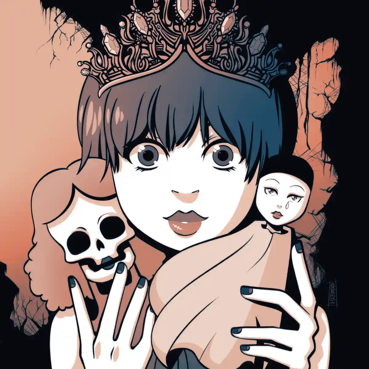 An anime-style illustration shows a young girl with short dark hair and a large ornate crown, holding a crying doll in one…