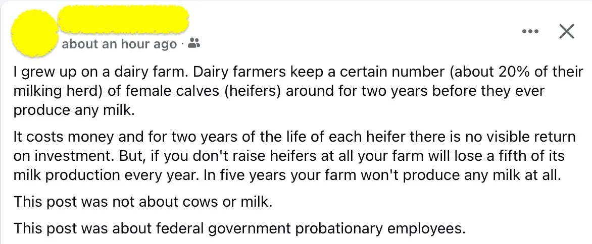 A screenshot of a social media post with a yellow blurred profile picture and text explaining how dairy farmers raise…