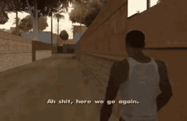 The image shows a sequence of six identical frames from the video game Grand Theft Auto: San Andreas, depicting the…