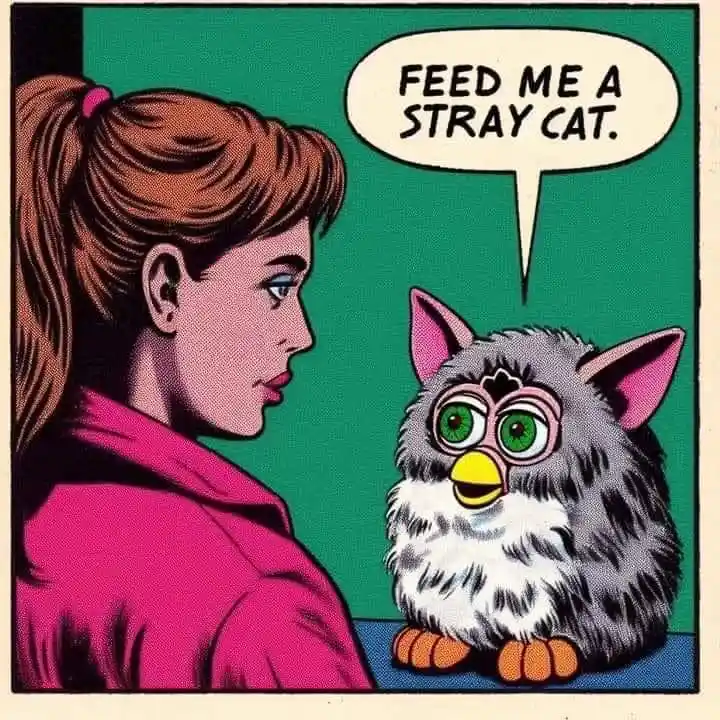 A comic-style image shows a young woman in profile looking at a gray and white Furby toy with large green eyes. The Furby…
