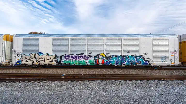 A white freight train car covered in colorful graffiti, including a cartoon character in the center, sits on railway tracks…