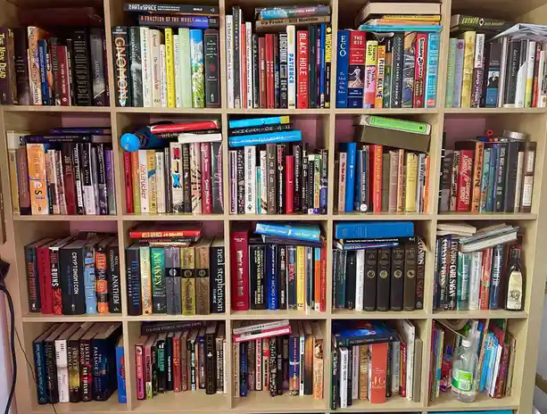 A light-colored bookshelf with multiple cubbies is filled with a wide variety of books, many standing upright but some…