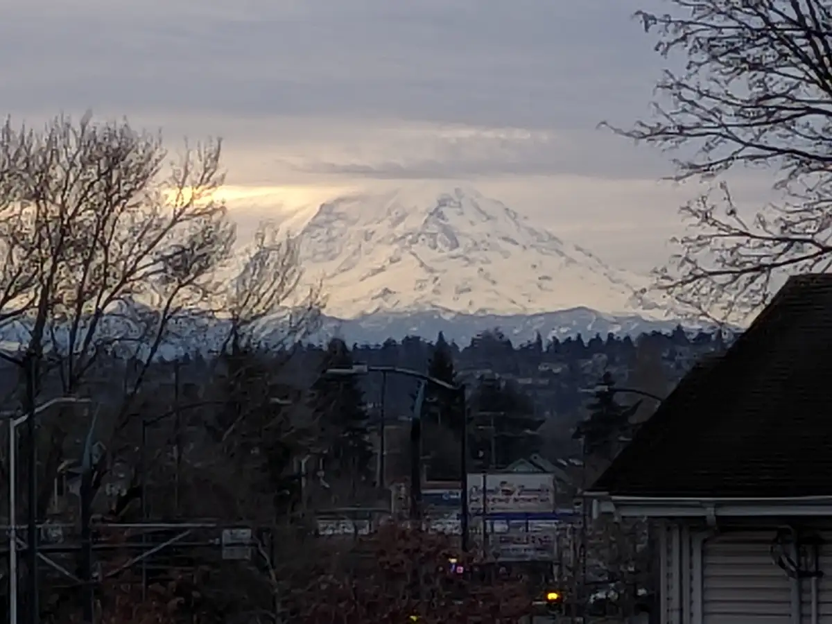 A scenic view of a snow-capped mountain, identified as Mount Rainier, seen from a residential street with bare trees and…