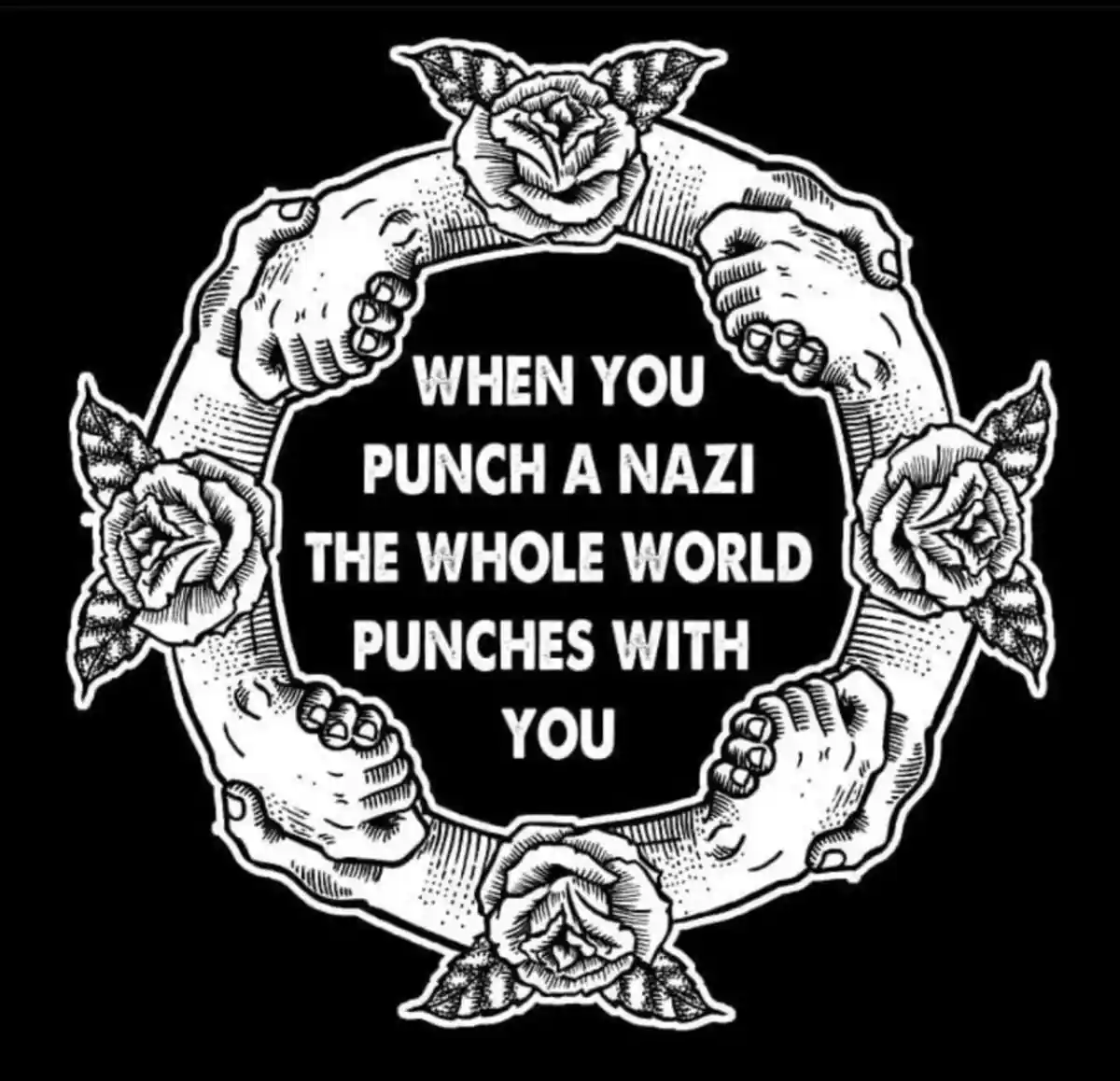 A black-and-white illustration shows four clenched fists forming a circle, each positioned between stylized roses. The text…