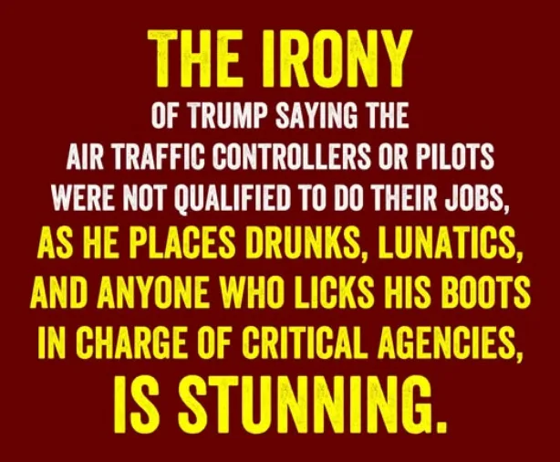 A red background image with bold yellow and white text that reads: 'THE IRONY OF TRUMP SAYING THE AIR TRAFFIC CONTROLLERS OR…
