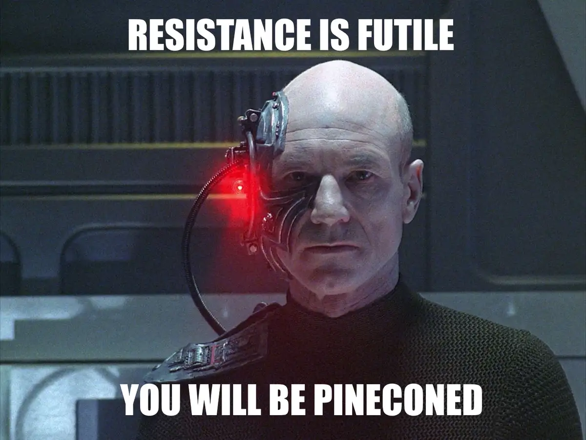 A bald man with a cybernetic eye glowing red, wearing a dark uniform, stares intensely. White bold text at the top reads…